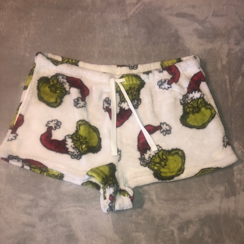 The Grinch Dr Seuss Women's Pajama Shorts‎ XL Plush Fleece White Green Christmas